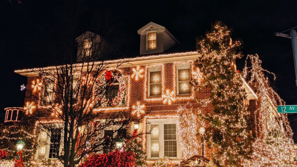 Home decorated with Christmas lights