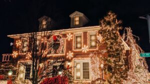 Home decorated with Christmas lights